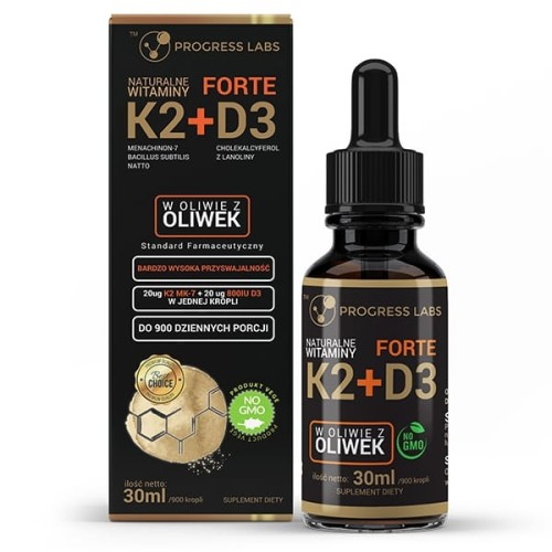 Naturalna Witamina K2 MK-7 + D3 Forte w Kroplach 30ml 900 kropli Progress Labs